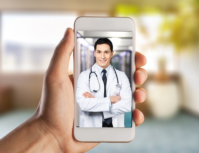 Video Consultation - A modern healthcare concept featuring a person engaged in a virtual medical appointment.